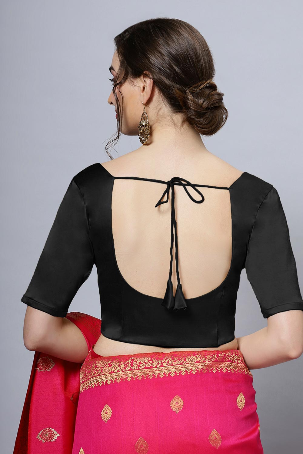 Lara Black Satin Comfort Stretch™  Round Neck Half Sleeve Blouse (Front Closure)