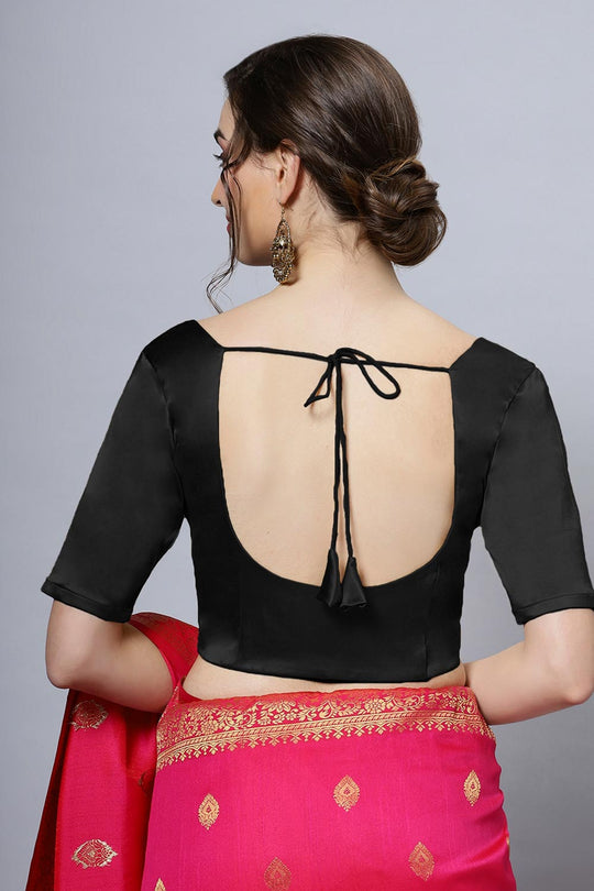 Lara Black Satin Comfort Stretch™  Round Neck Half Sleeve Blouse (Front Closure)