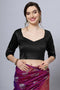 Deana Black Satin Comfort Stretch™  Pentagon Neck Long Sleeve Crop Top Blouse