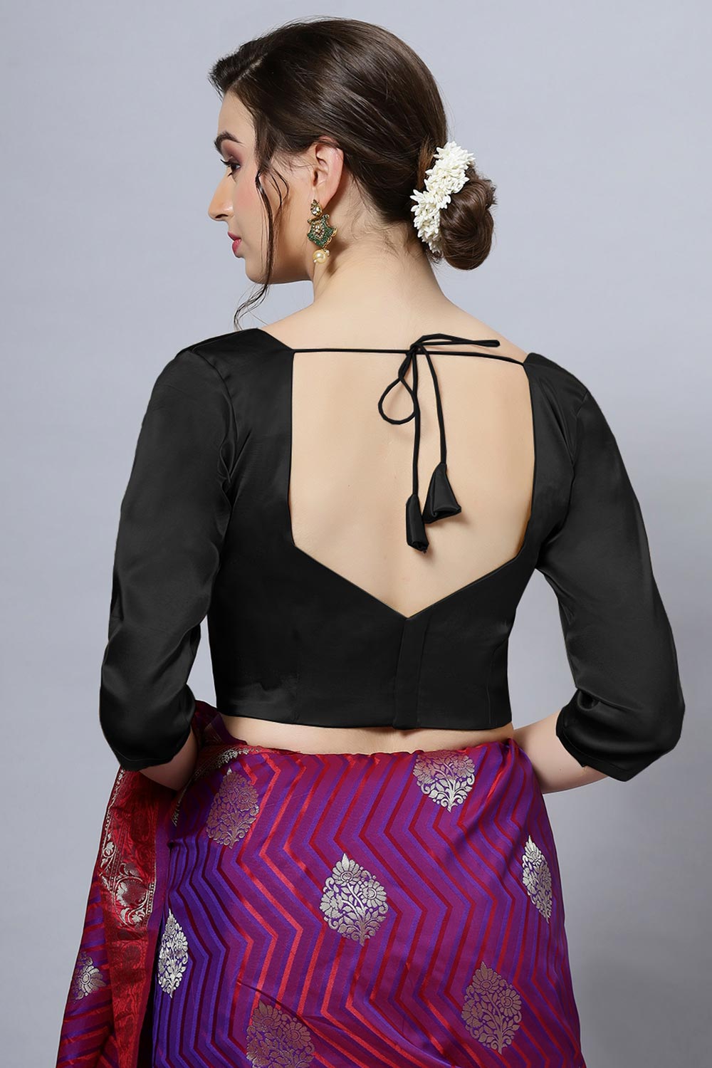 Deana Black Satin Comfort Stretch™  Pentagon Neck Long Sleeve Crop Top Blouse