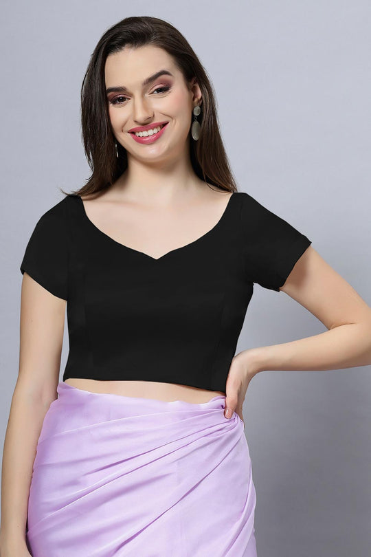Ria Black Satin Comfort Stretch™ Sweetheart Crop Top Leaf Neck Short Sleeve Blouse