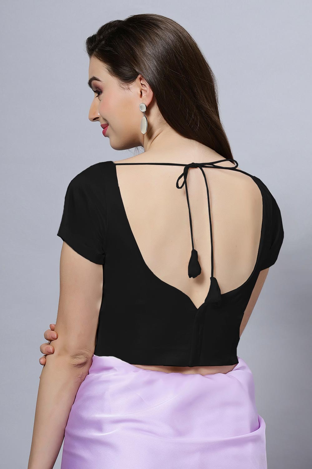 Ria Black Satin Comfort Stretch™ Sweetheart Crop Top Leaf Neck Short Sleeve Blouse