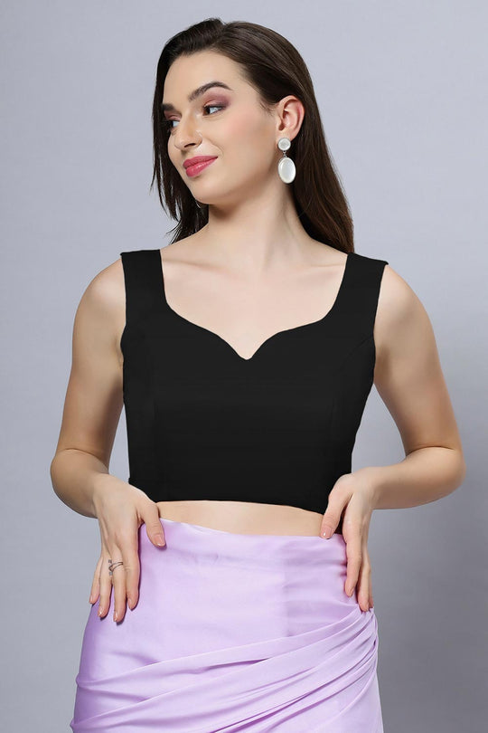 Sara Black Satin Comfort Stretch™  Sweetheart Sleeveless Crop Top Blouse