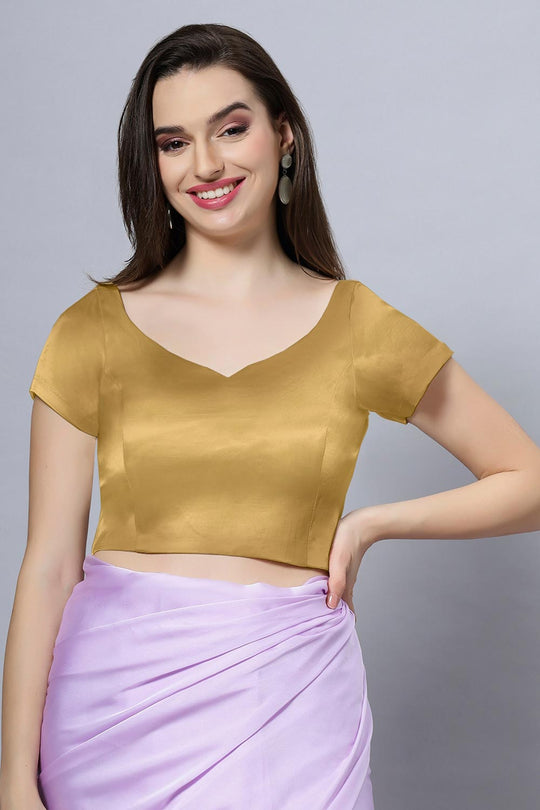 Ria Gold Satin Comfort Stretch™  Crop Top Leaf Neck Short Sleeve Blouse
