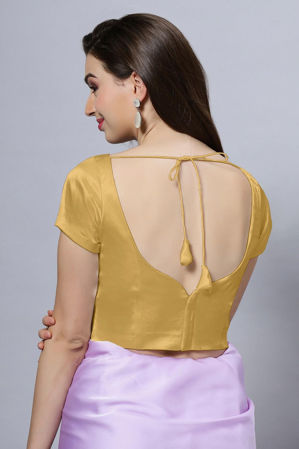 Ria Gold Satin Comfort Stretch™  Crop Top Leaf Neck Short Sleeve Blouse