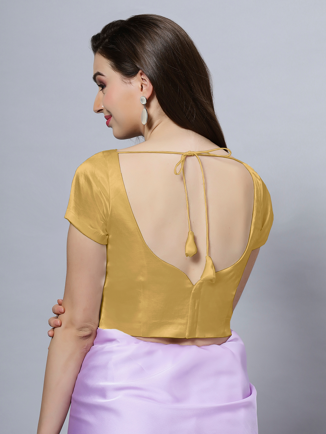 Ria Gold Satin Comfort Stretch Crop Top Short Sleeve Blouse