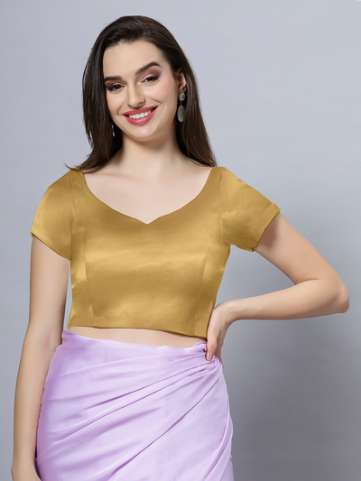 Ria Gold Satin Comfort Stretch Sweetheart Short Sleeve Blouse