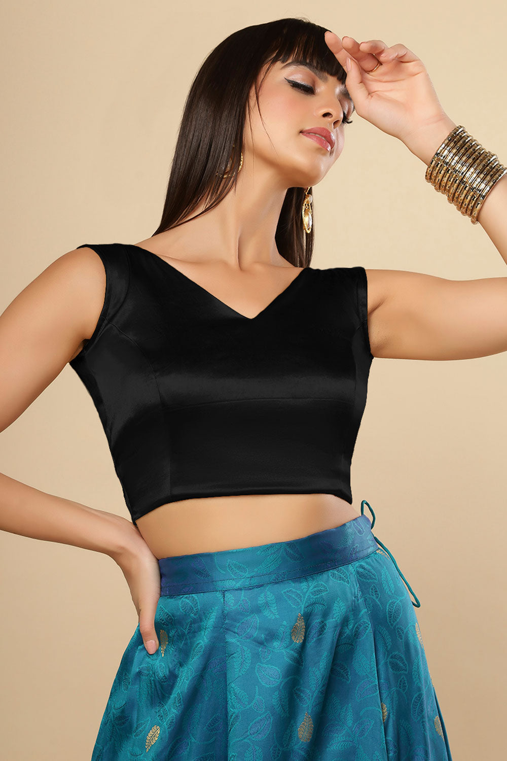 Amiya Black Satin Comfort Stretchable Stretch V Neck Sleeveless Ready2Ship Blouse