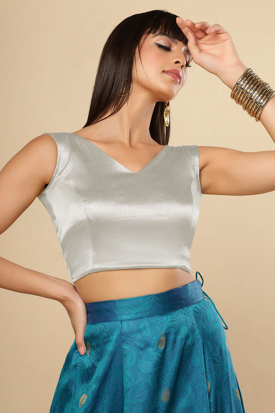 Amiya Silver Satin Comfort Stretch™  V Neck Sleeveless Blouse