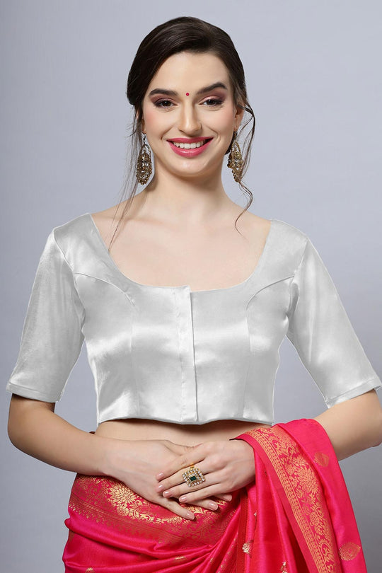 Lara Silver Satin Comfort Stretch™  Stretch Round Neck Half Sleeve Blouse (Front Closure)