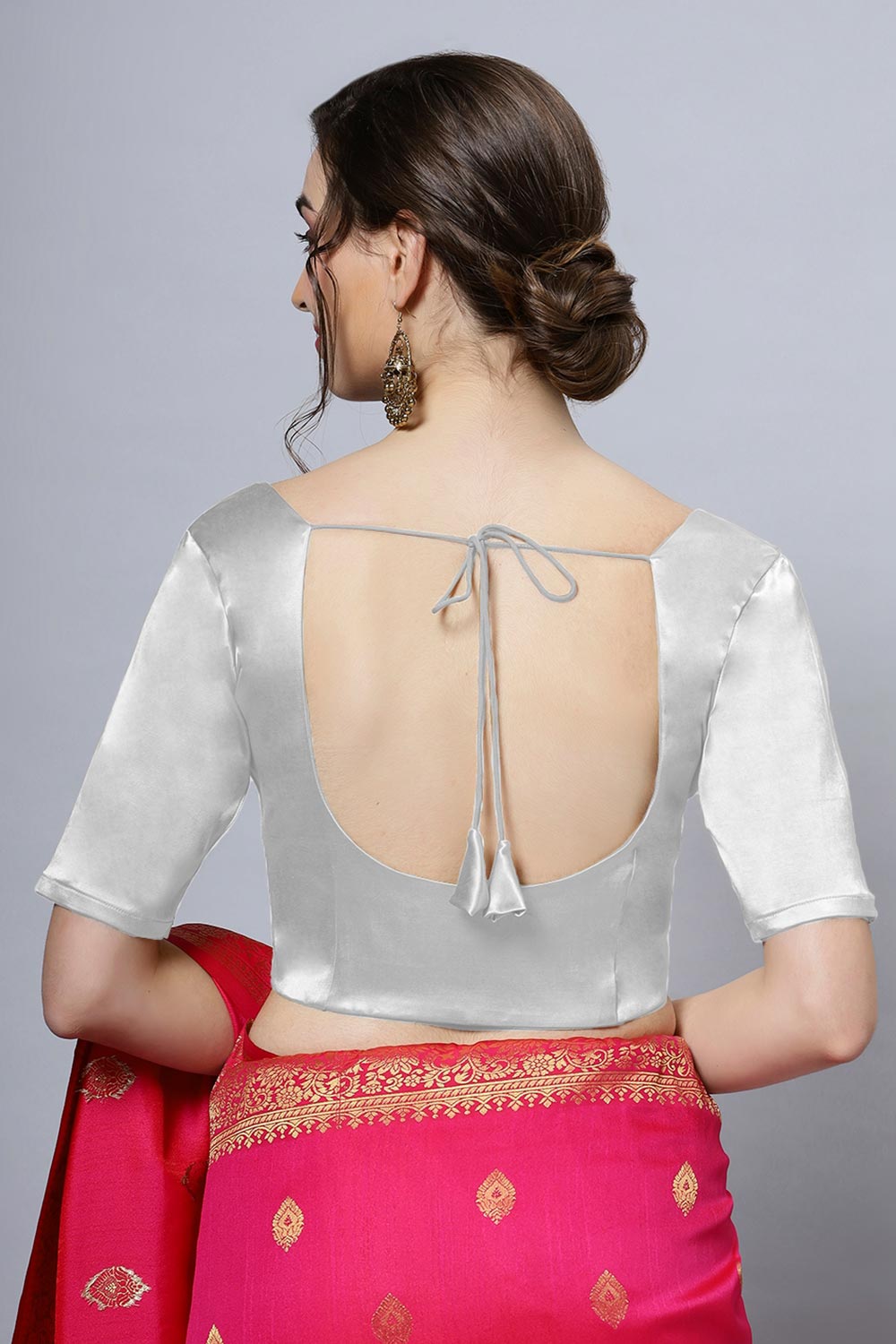 Lara Silver Satin Comfort Stretch™  Stretch Round Neck Half Sleeve Blouse (Front Closure)