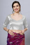 Deana Silver Satin Comfort Stretch™  Pentagon Neck Long Sleeve Crop Top Blouse