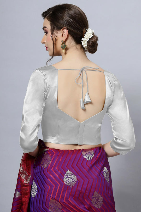 Deana Silver Satin Comfort Stretch™  Pentagon Neck Long Sleeve Crop Top Blouse