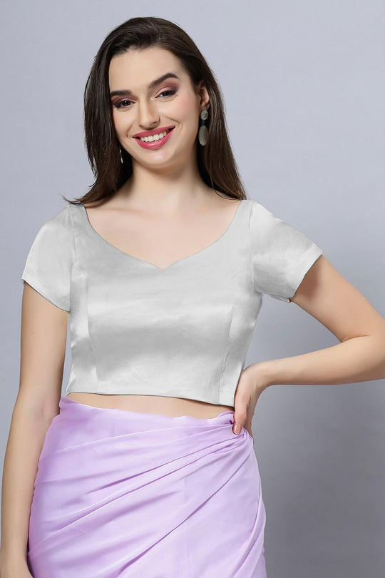 Ria Silver Satin Comfort Stretch™  Crop Top Leaf Neck Short Sleeve Blouse
