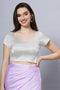 Ria Silver Satin Comfort Stretch™  Crop Top Leaf Neck Short Sleeve Blouse