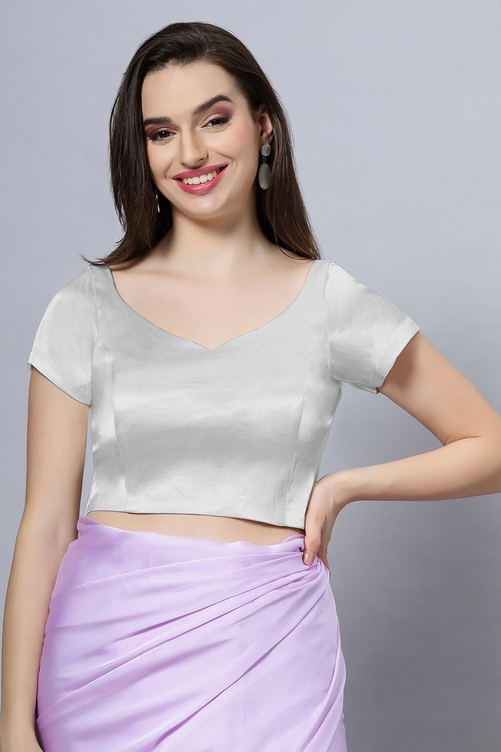 Ria Silver Satin Comfort Stretch Crop Top Short Sleeve Blouse