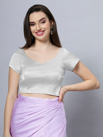 Ria Silver Satin Comfort Stretch Crop Top Short Sleeve Blouse