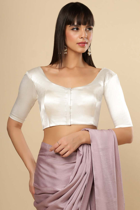 Lara Off-White Satin Comfort Stretch™ Round Neck Half Sleeve Blouse (Front Closure)