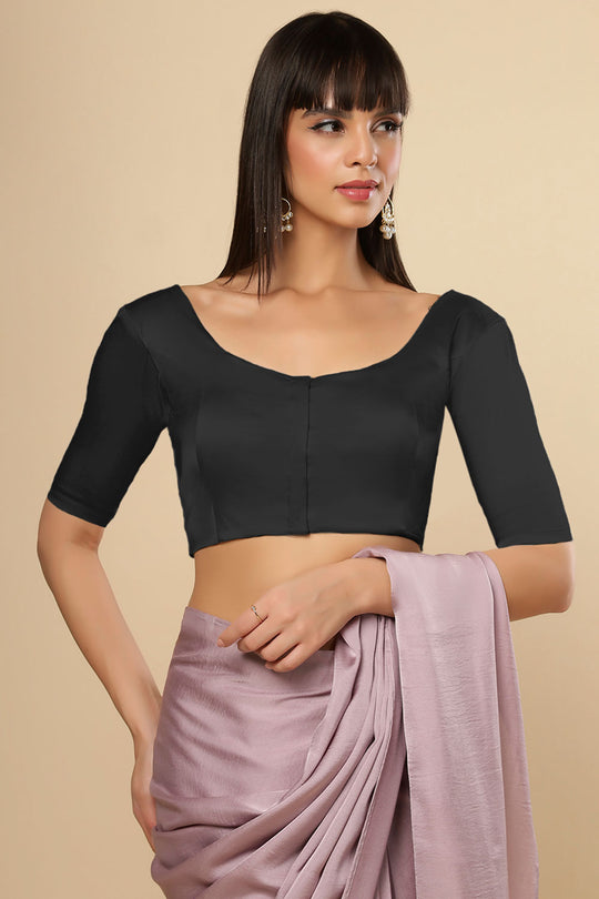 Lara Black Satin Comfort Stretch™  Round Neck Half Sleeve Blouse (Front Closure)
