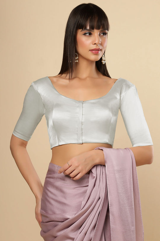 Lara Silver Satin Comfort Stretch™  Stretch Round Neck Half Sleeve Blouse (Front Closure)