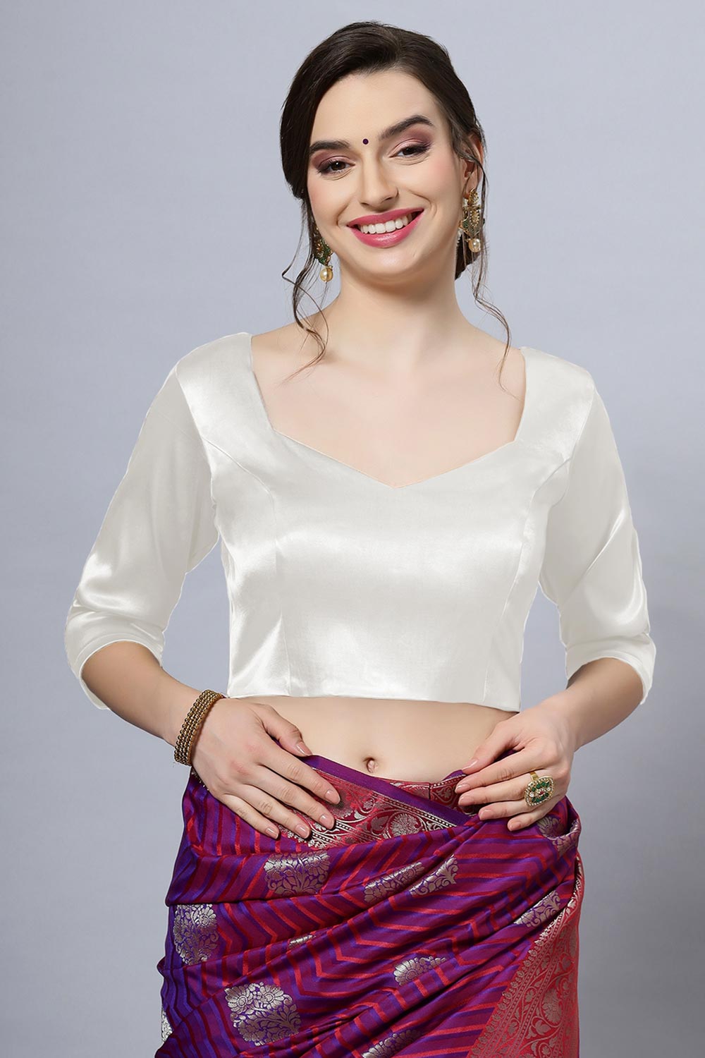 Deana Silver Satin Comfort Stretch™ Pentagon Neck Long Sleeve Crop