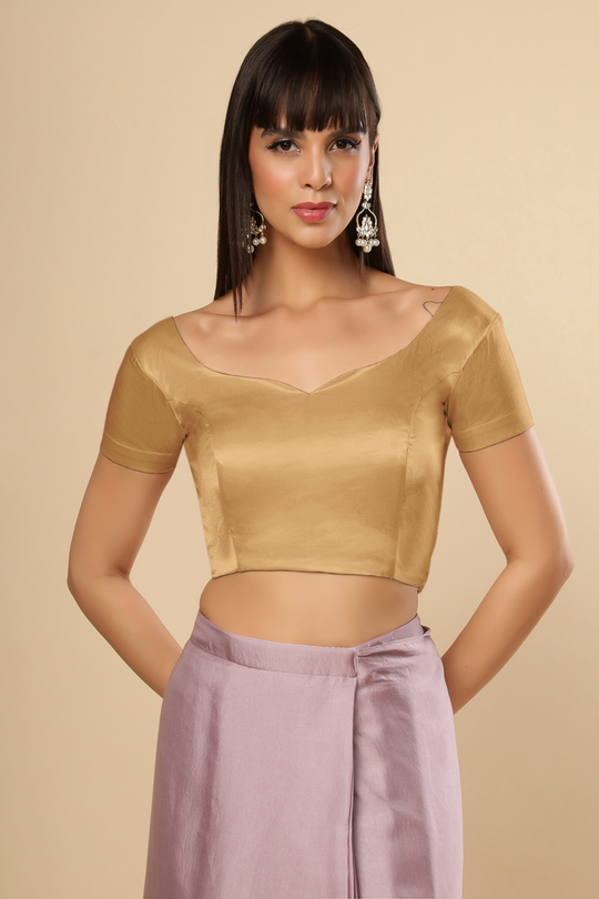 Deira Gold Satin Comfort Stretch™ Sweetheart Neck Short Sleeve Saree Blouse