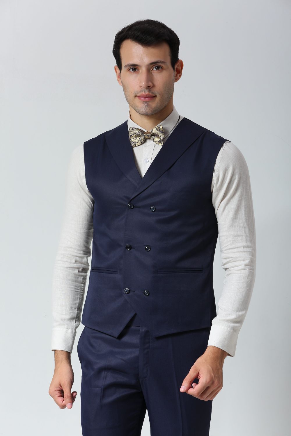 Navy Blue Foil Print Art Silk Sari Bow Tie