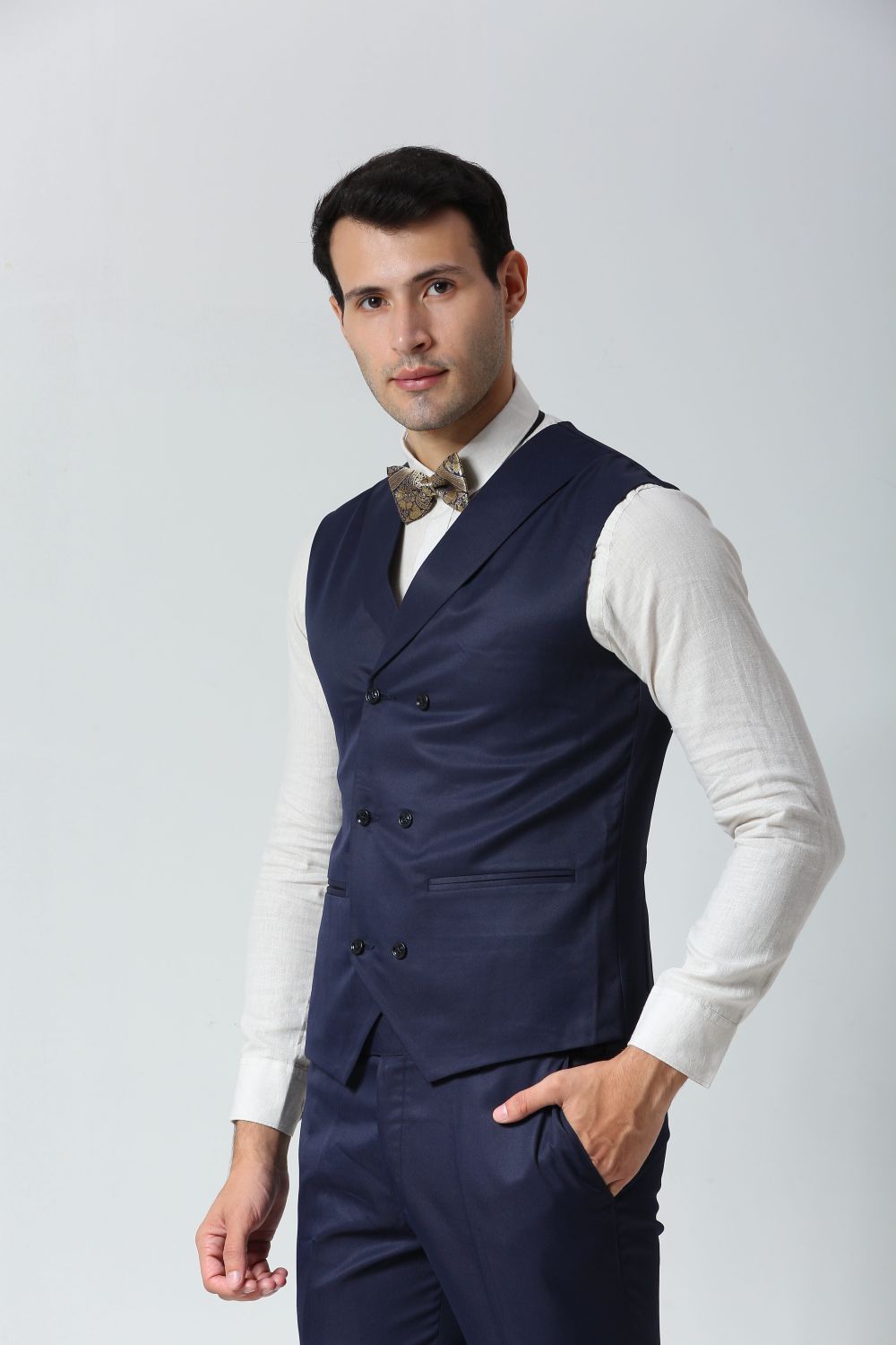 Navy Blue Foil Print Art Silk Sari Bow Tie