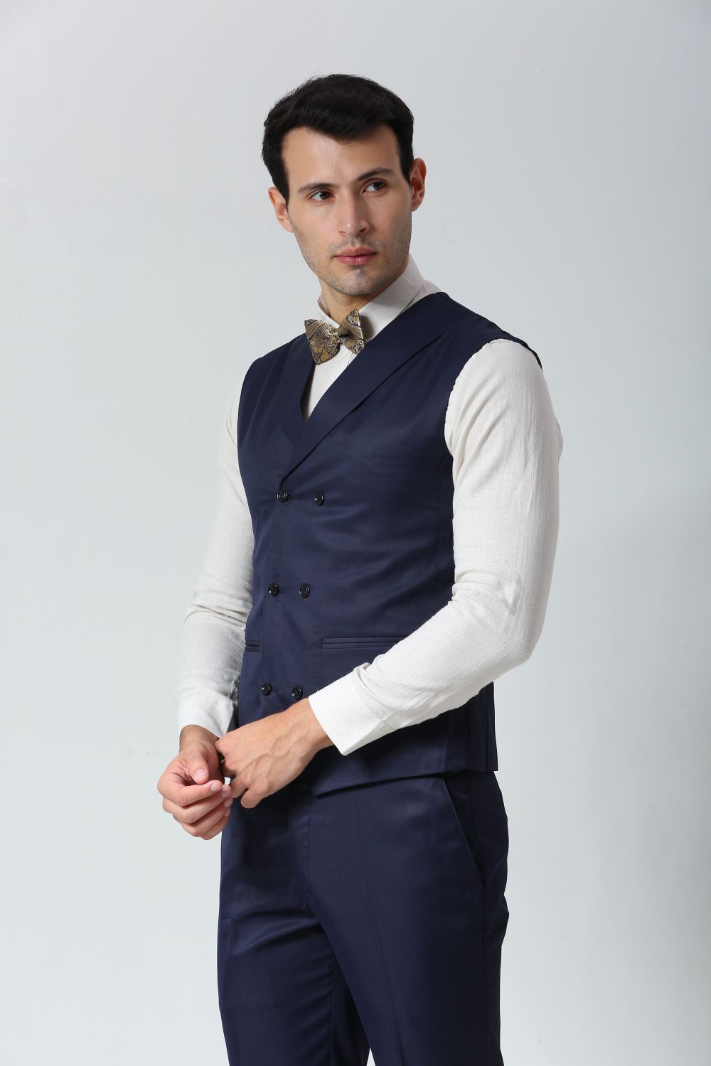 Navy Blue Foil Print Art Silk Sari Bow Tie