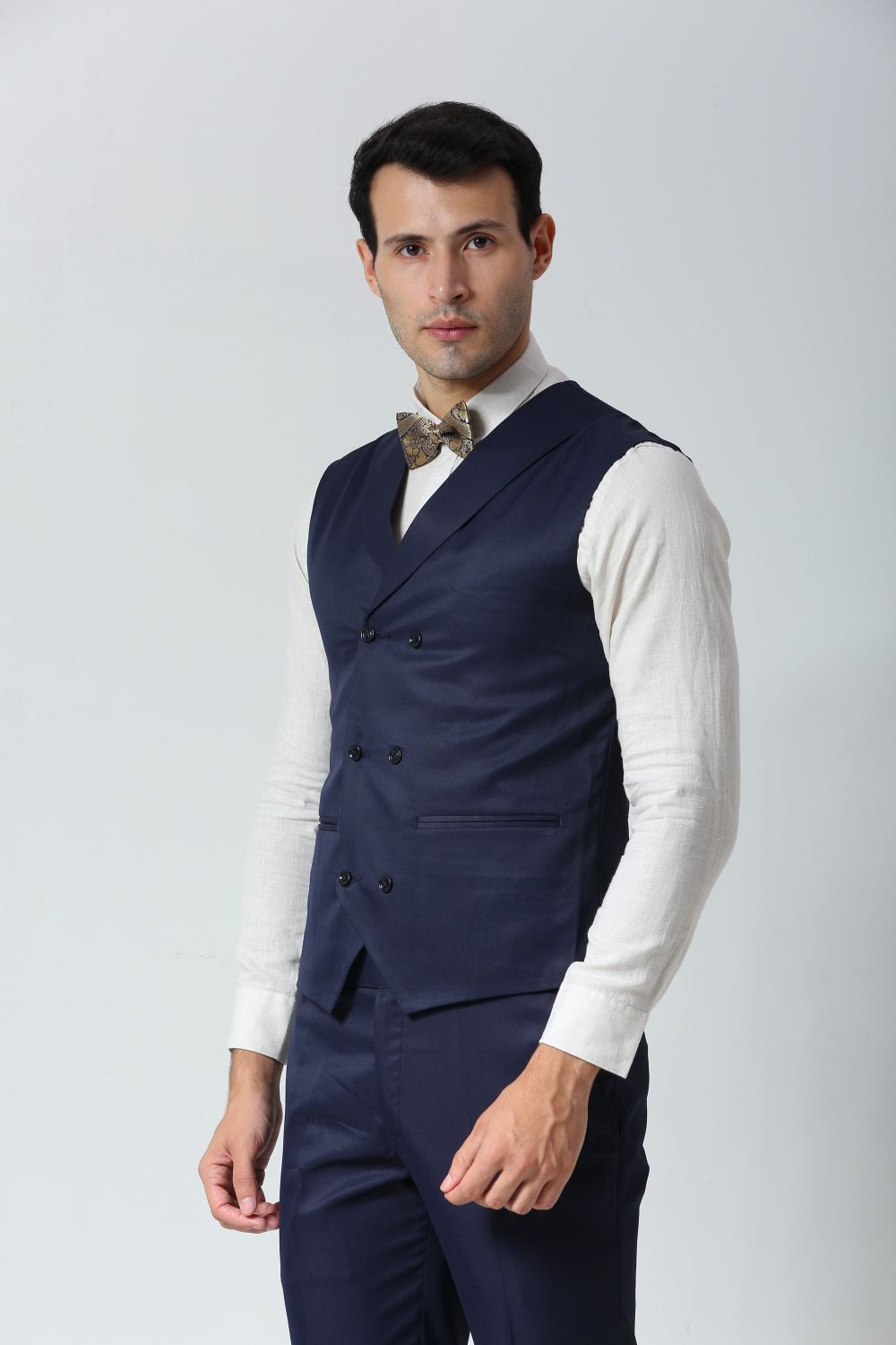 Navy Blue Foil Print Art Silk Sari Bow Tie