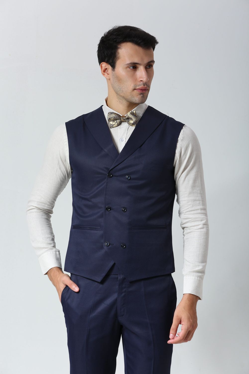 Navy Blue Foil Print Art Silk Sari Bow Tie