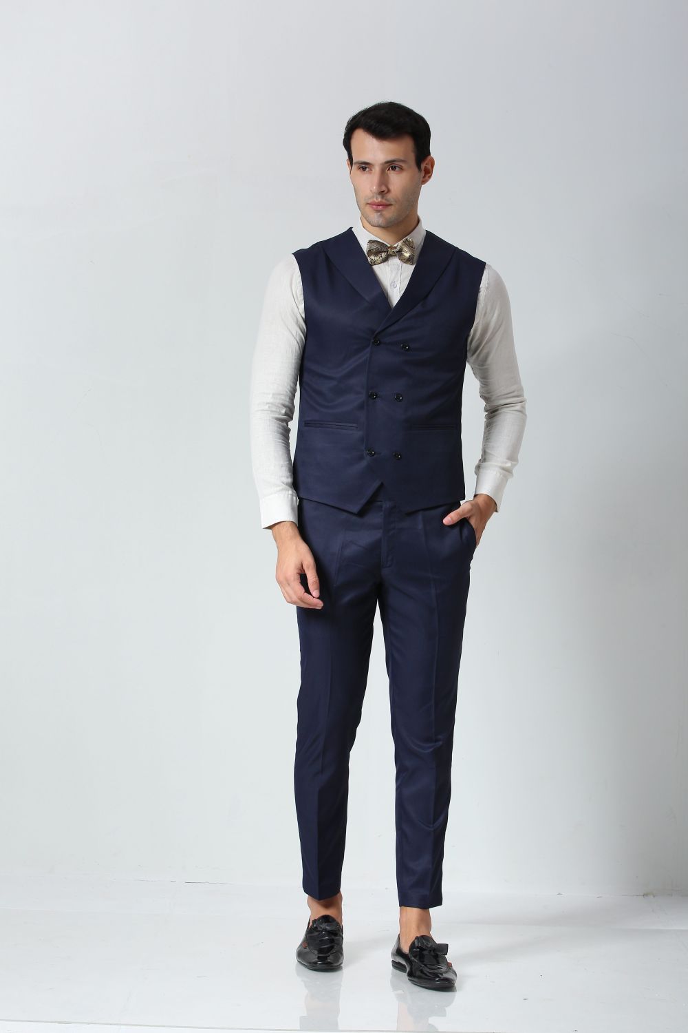 Navy Blue Foil Print Art Silk Sari Bow Tie