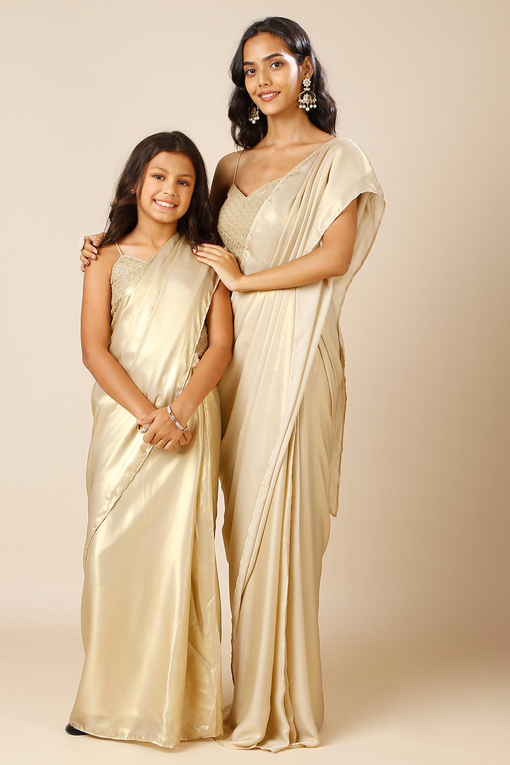 Deva Champagne Gold Silk One Minute Saree for Kids & Tweens