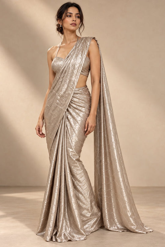 Eden Beige Satin Party Wear Stone Embellished Ready to Wear Saree