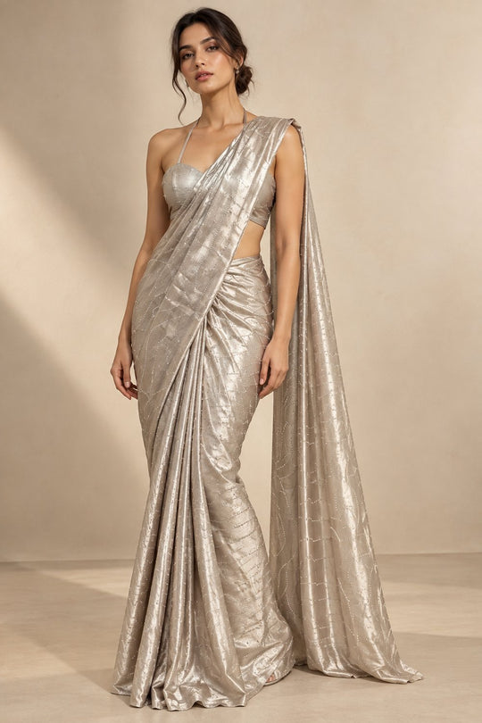 Eden Beige Satin Party Wear Stone Embellished Ready to Wear Saree