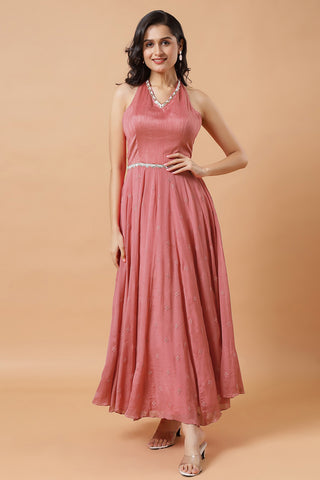Maya Dusty Rose Halter Neck Chinon Silk Saree Dress