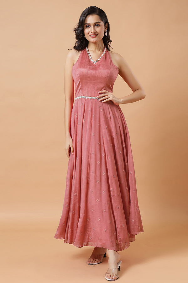 Maya Dusty Rose Halter Neck Chinon Silk Dress