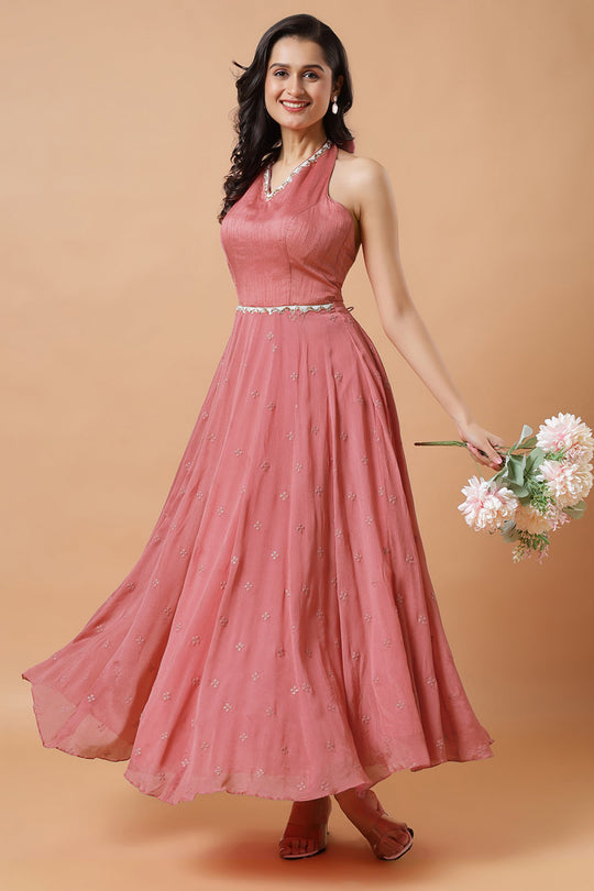 Maya Dusty Rose Halter Neck Chinon Silk Ready to Wear Saree Dress