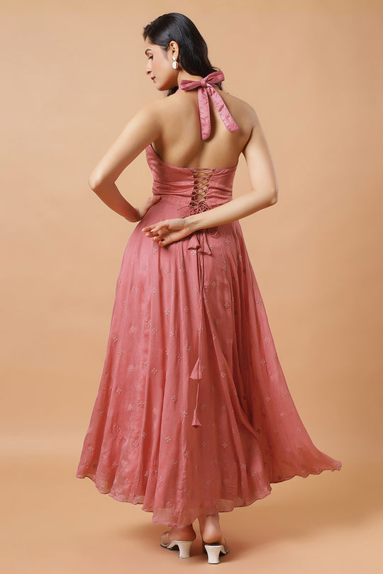 Maya Dusty Rose Halter Neck Chinon Silk Ready to Wear Saree Dress