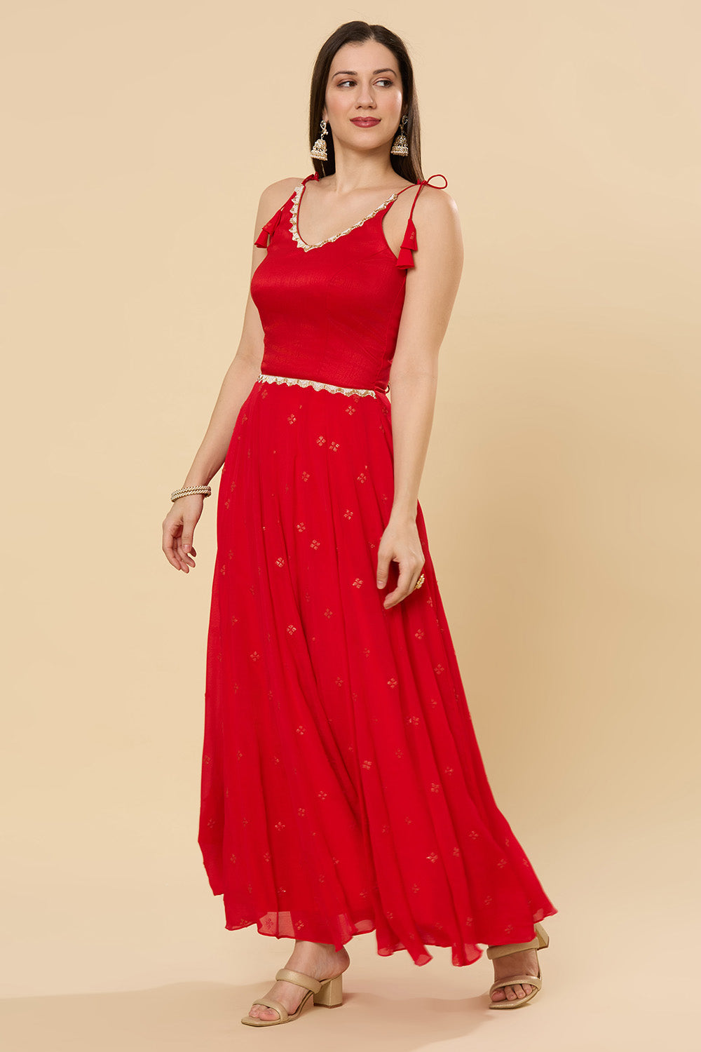 Maya Scarlet Strappy Chinon Silk Ready to Wear Saree Dress
