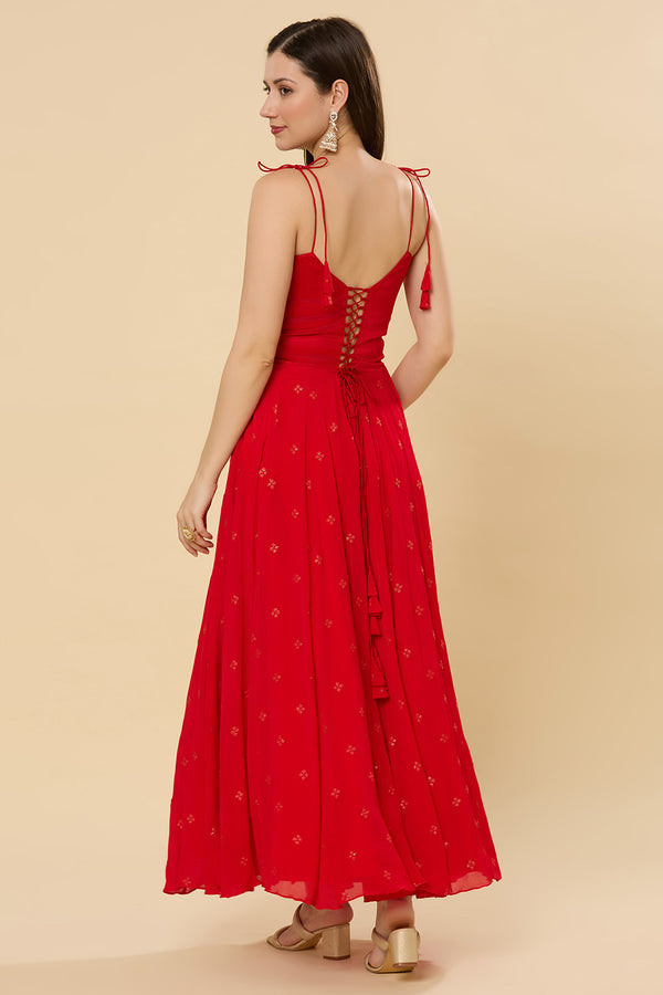 Maya Scarlet Strappy Chinon Silk Ready to Wear Saree Dress