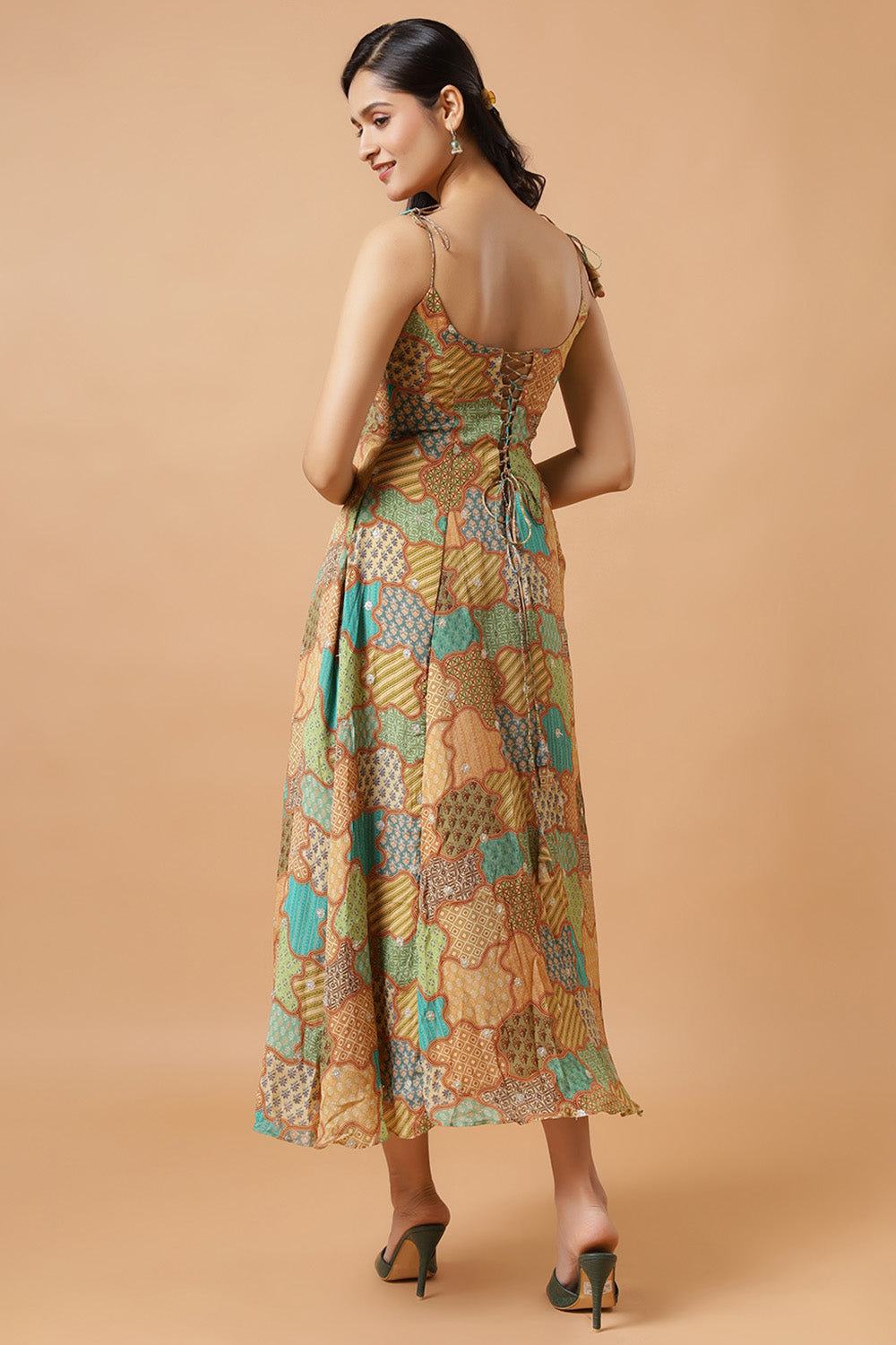 Kaia Gold Chinon Adjustable Back Tie Ready to Wear Saree Dress