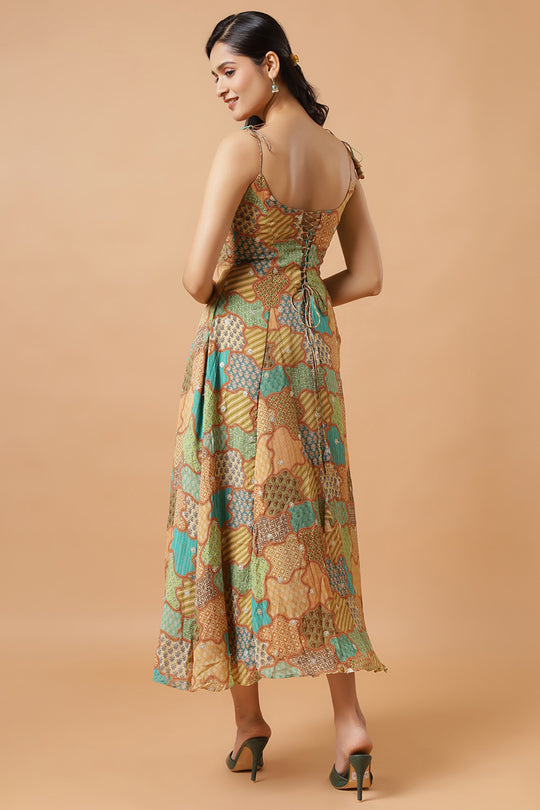 Kaia Gold Chinon Adjustable Back Tie Ready to Wear Saree Dress