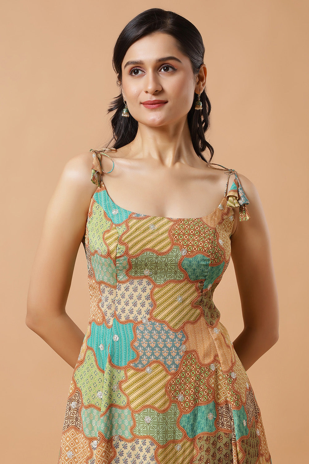 Kaia Gold Chinon Adjustable Back Tie Ready to Wear Saree Dress