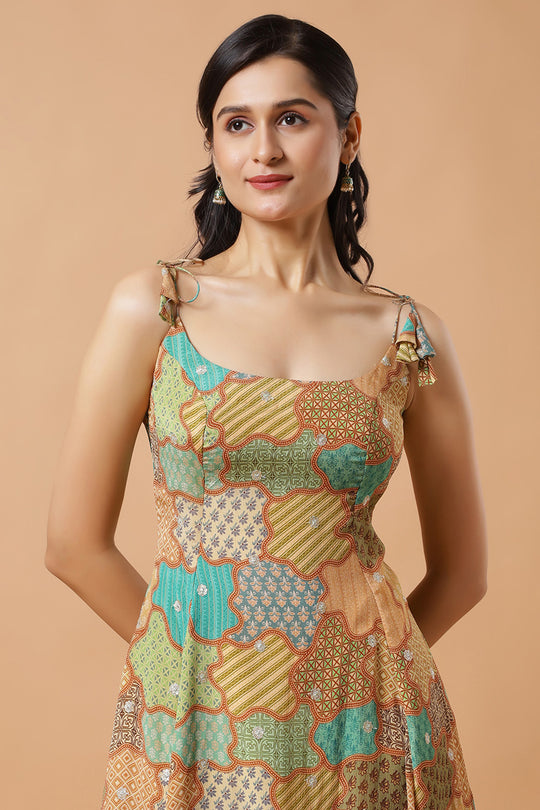 Kaia Gold Chinon Adjustable Back Tie Ready to Wear Saree Dress