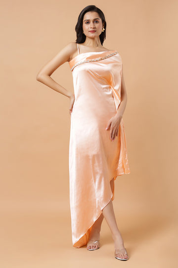 Nora Peach Satin Shoulder Drape Saree Dress