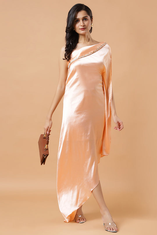Nora Peach Satin Shoulder Drape Ready to Wear Saree Dress