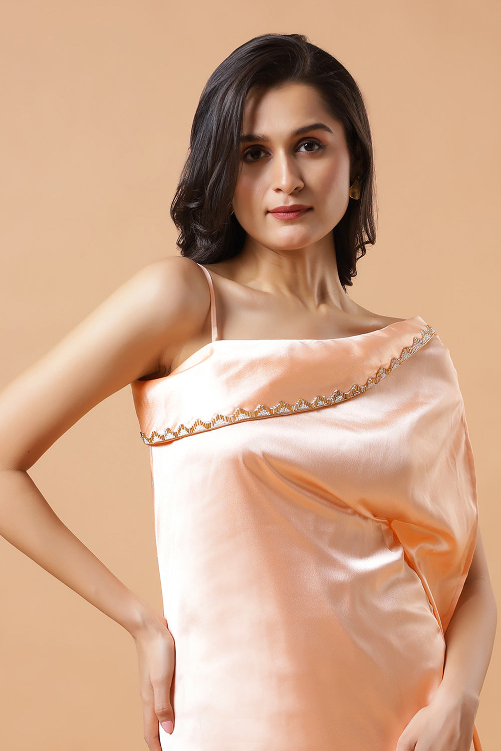 Nora Peach Satin Shoulder Drape Ready to Wear Saree Dress