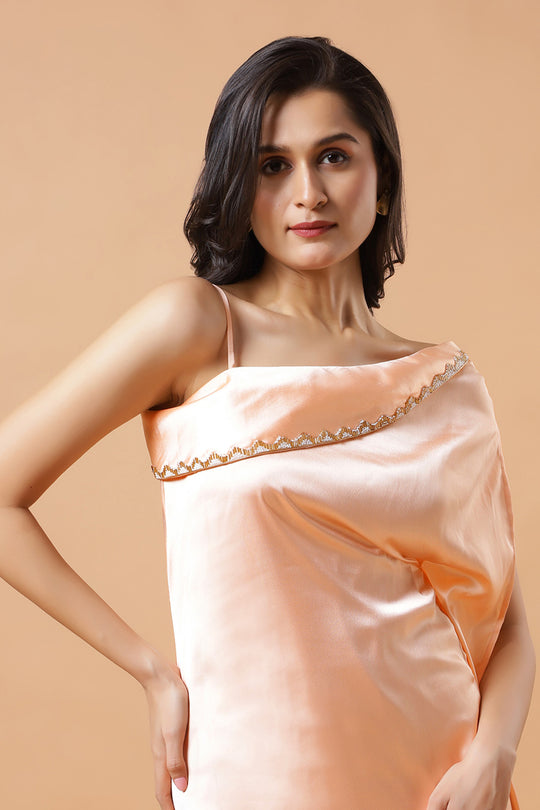 Nora Peach Satin Shoulder Drape Ready to Wear Saree Dress