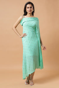 Cleo Sea Blue Chinon Shoulder Drape Saree Dress